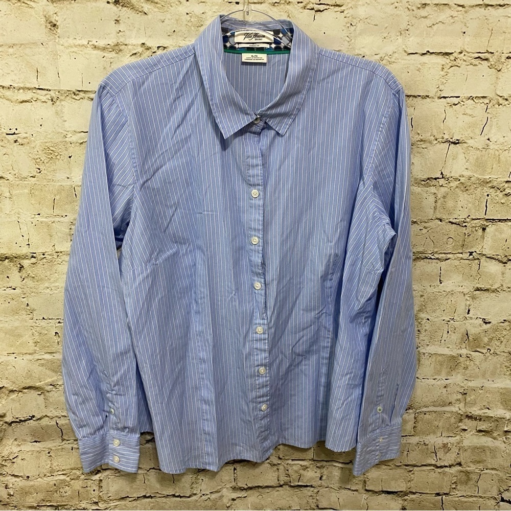 Van Heusen Blue White Striped Classic Fit Flip Cuff Button Up Top